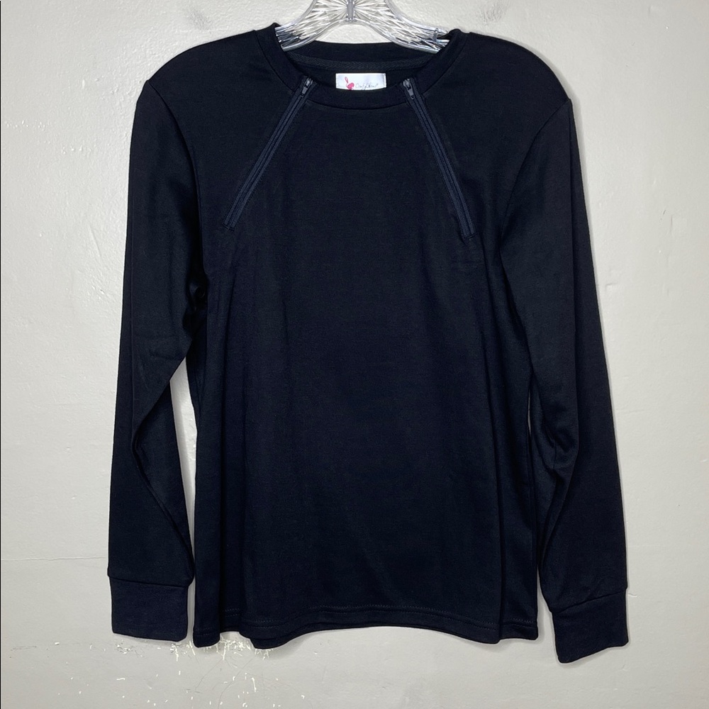 COMFY CHEMO Black Zipper Crew Neck Stretchy Comfortable Long Sleeve Tee Shirt Sm